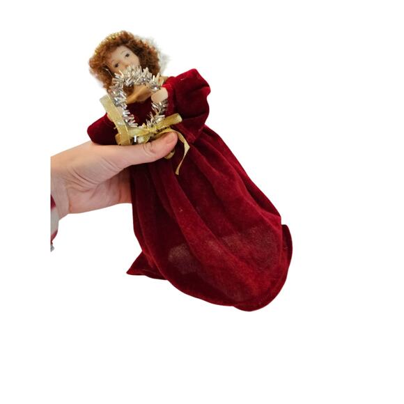 Vintage Christmas Tree Topper Angel Red Velvet Porcelain - Picture 5 of 5